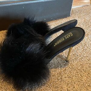 Cape Robbin furry peep toe gold stiletto heels